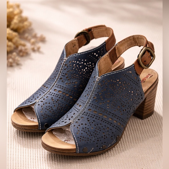 PIKOLINOS Shoes - Pikolinos Mahon Blue Laser-Cut Leather Slingback Wedge Sandals Size 39 (US 8.5)